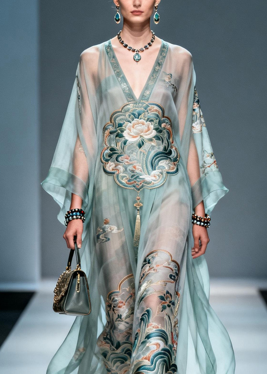 Lotus Embroidery Deep V-Neck Cape Sleeve Sheer Kaftan Maxi Gown - View 2