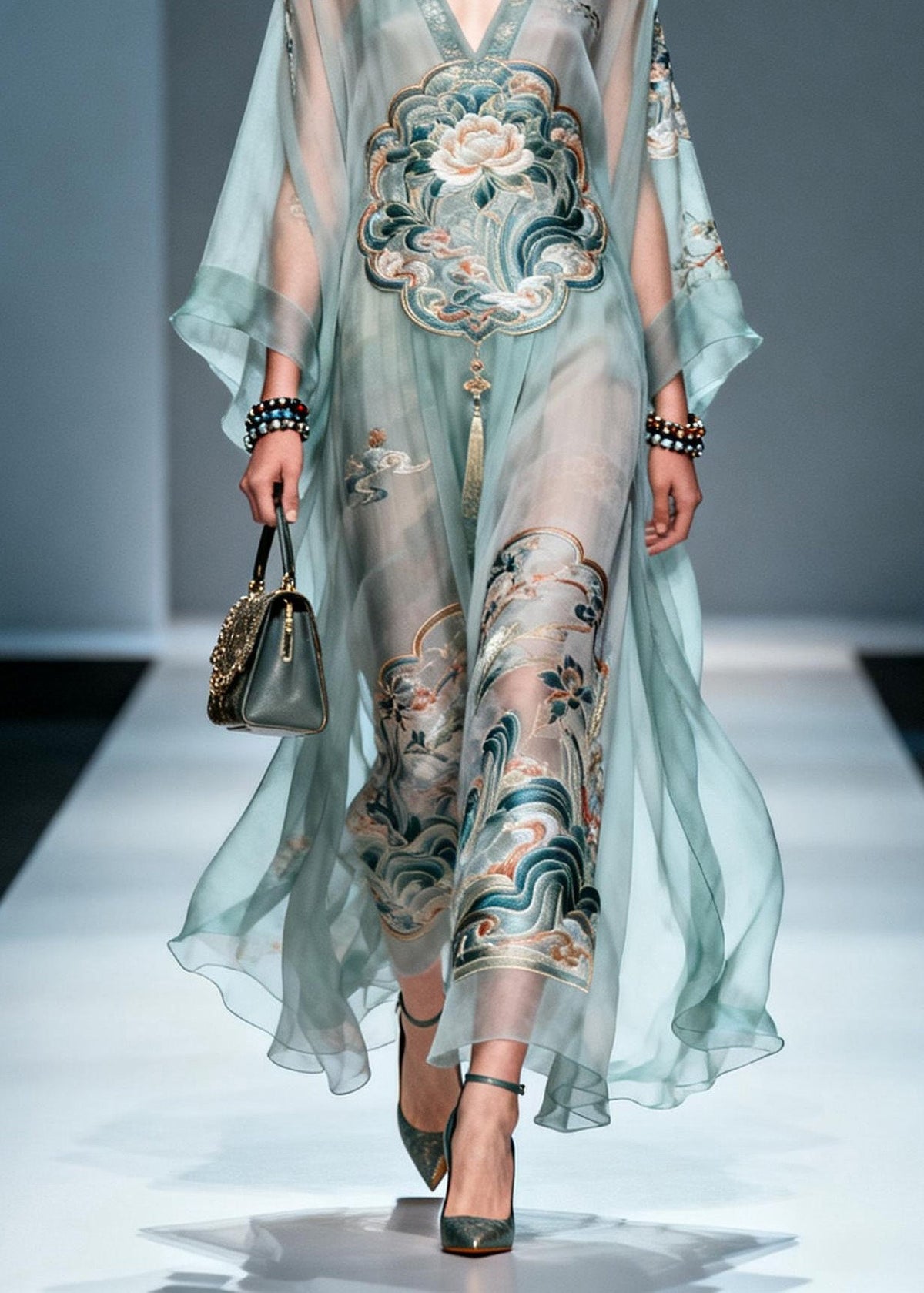 Lotus Embroidery Deep V-Neck Cape Sleeve Sheer Kaftan Maxi Gown - View 4