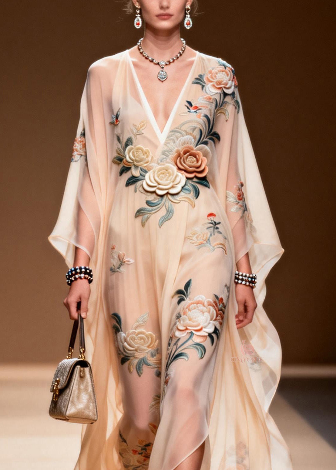 Chic V Neck Print Wrinkled Chiffon Maxi Dresses Spring - View 2