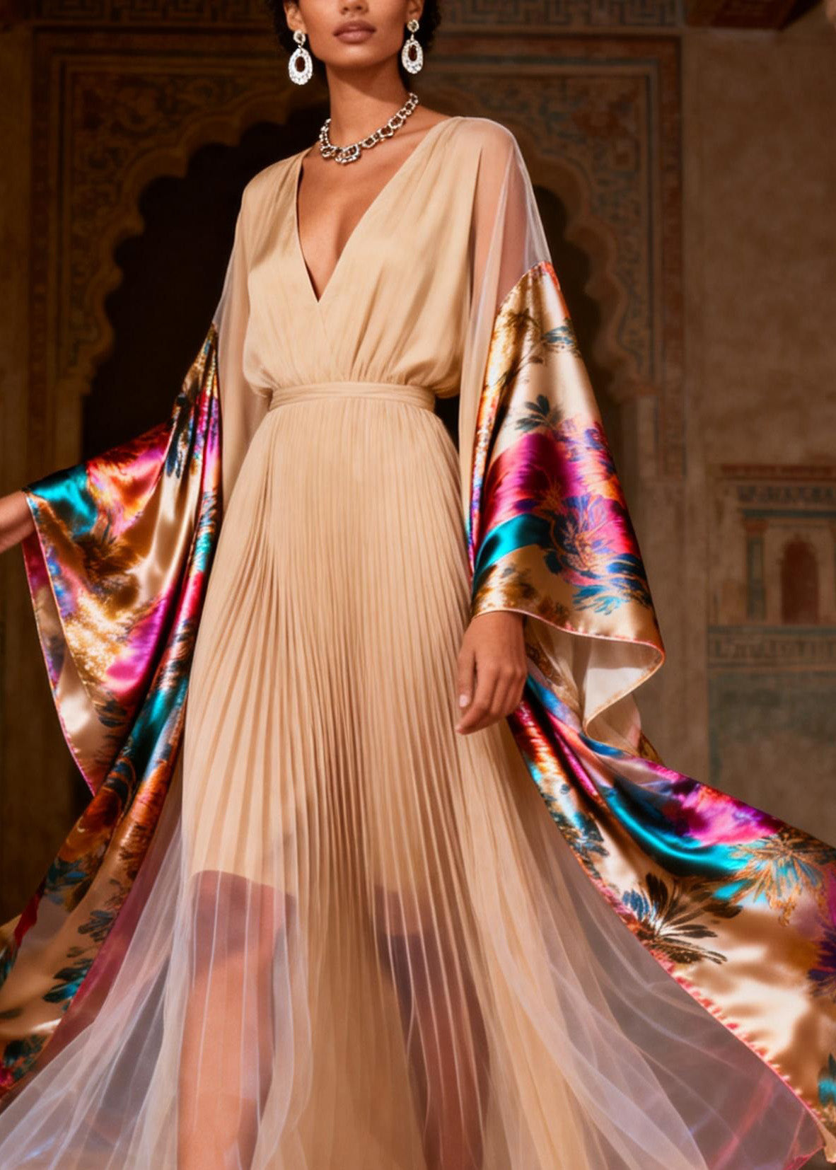 Floral Print Pleated Deep V-Neck Kimono Sleeve Tulle Hem Maxi Gown - View 2