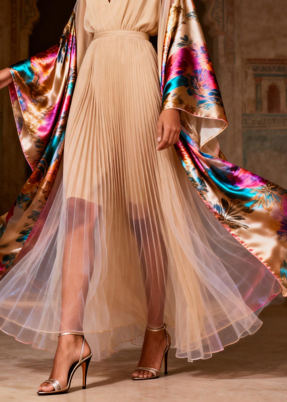 Floral Print Pleated Deep V-Neck Kimono Sleeve Tulle Hem Maxi Gown - View 4