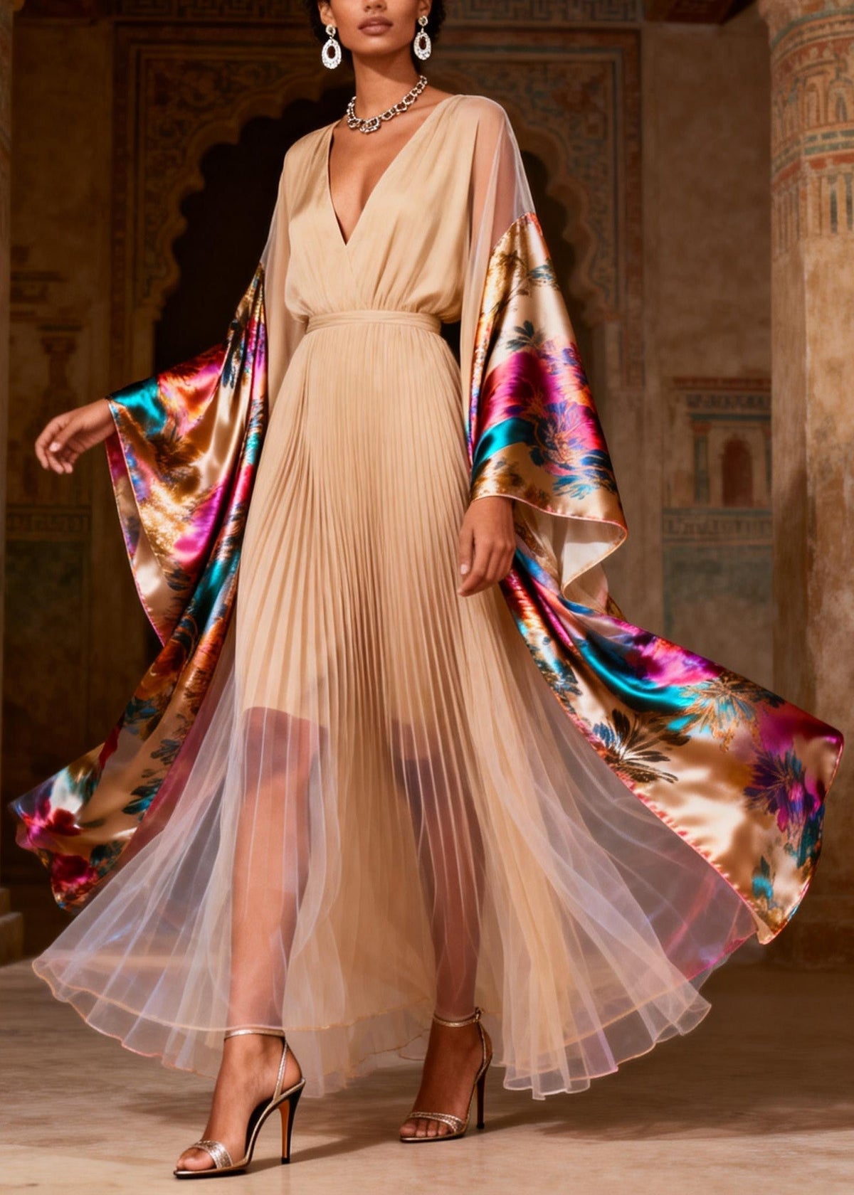Floral Print Pleated Deep V-Neck Kimono Sleeve Tulle Hem Maxi Gown - View 5
