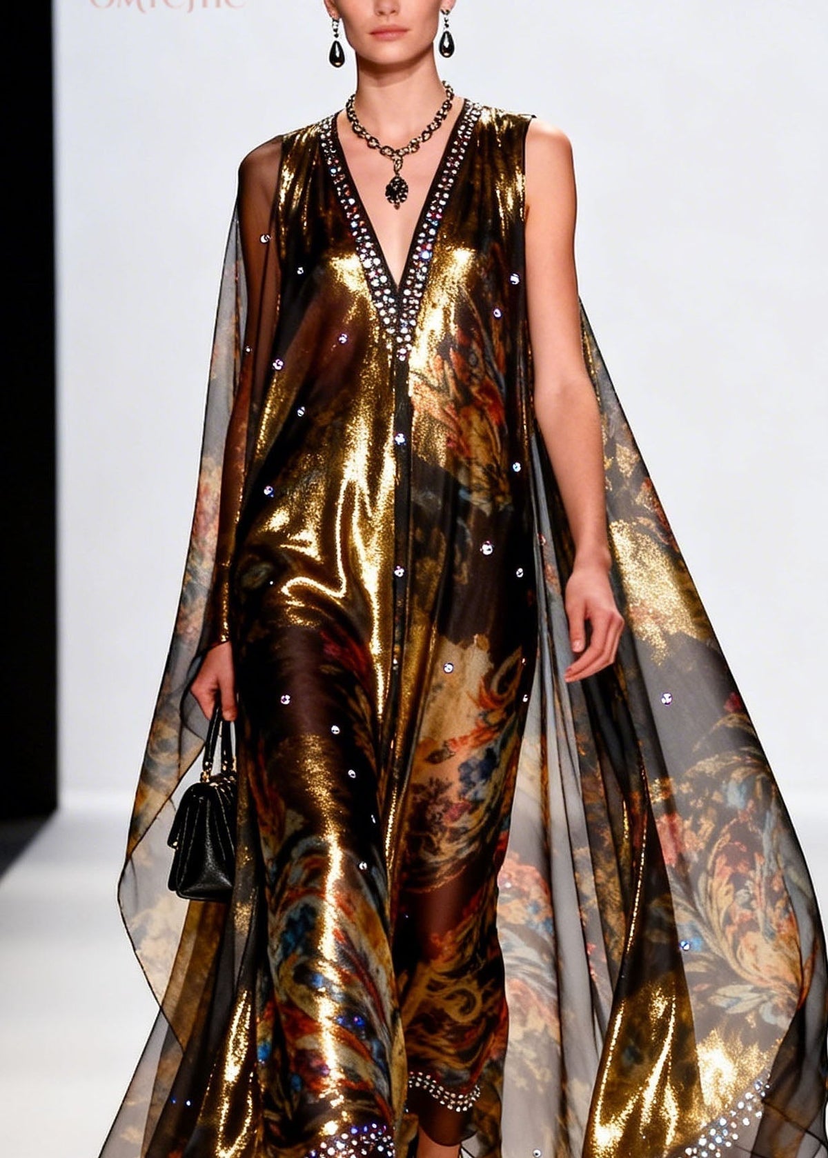 Metallic Floral Print Deep V-Neck Sleeveless Maxi Gown - View 2