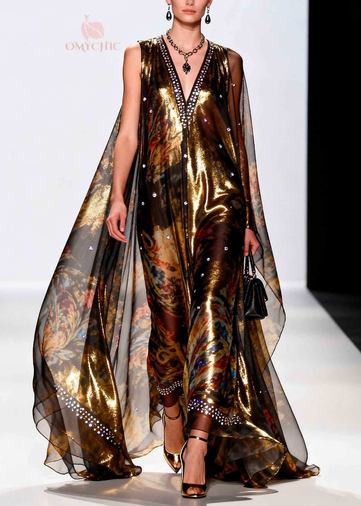 Metallic Floral Print Deep V-Neck Sleeveless Maxi Gown - View 3