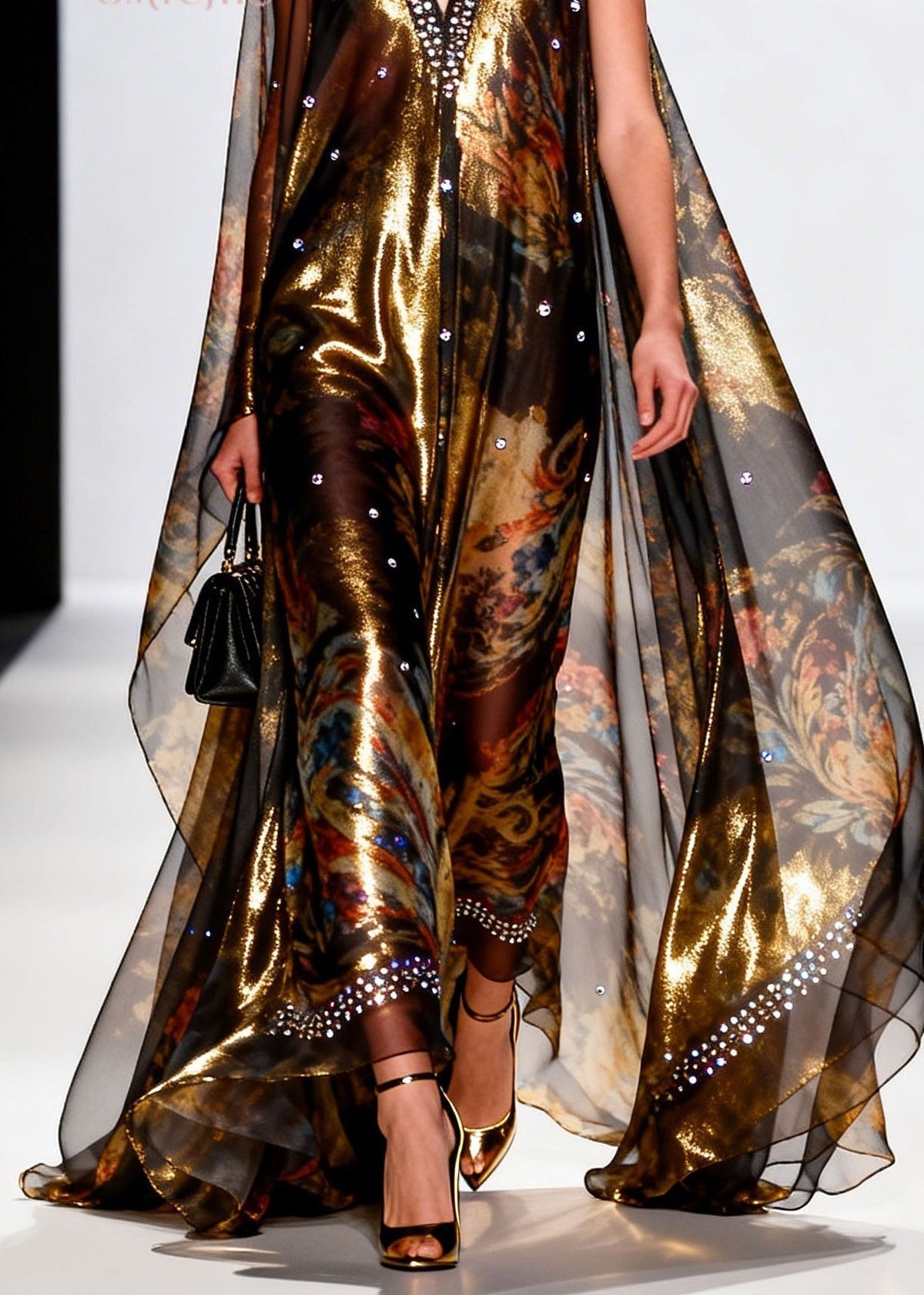 Metallic Floral Print Deep V-Neck Sleeveless Maxi Gown - View 4
