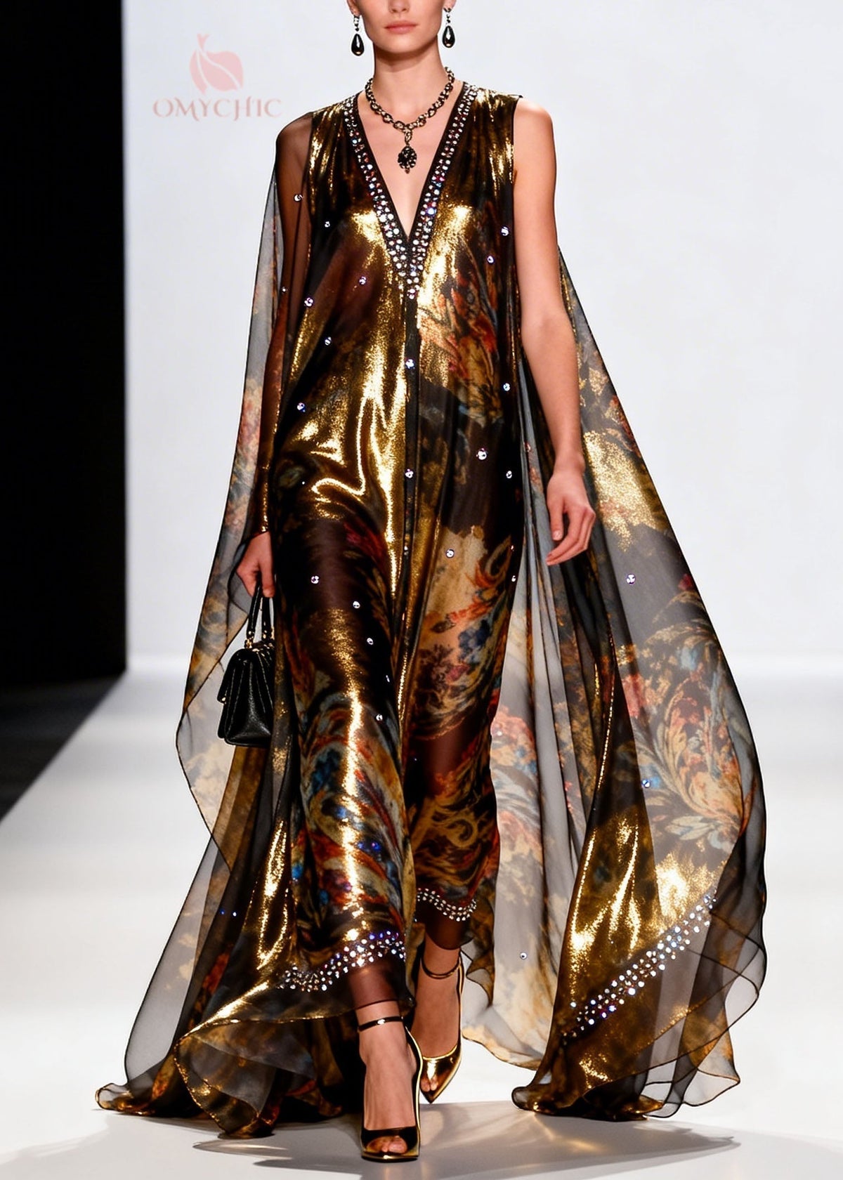 Metallic Floral Print Deep V-Neck Sleeveless Maxi Gown - View 5