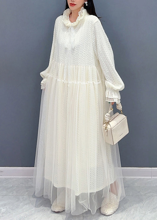 Chic White Ruffled Tulle Lace Dresses Long Sleeve - View 3