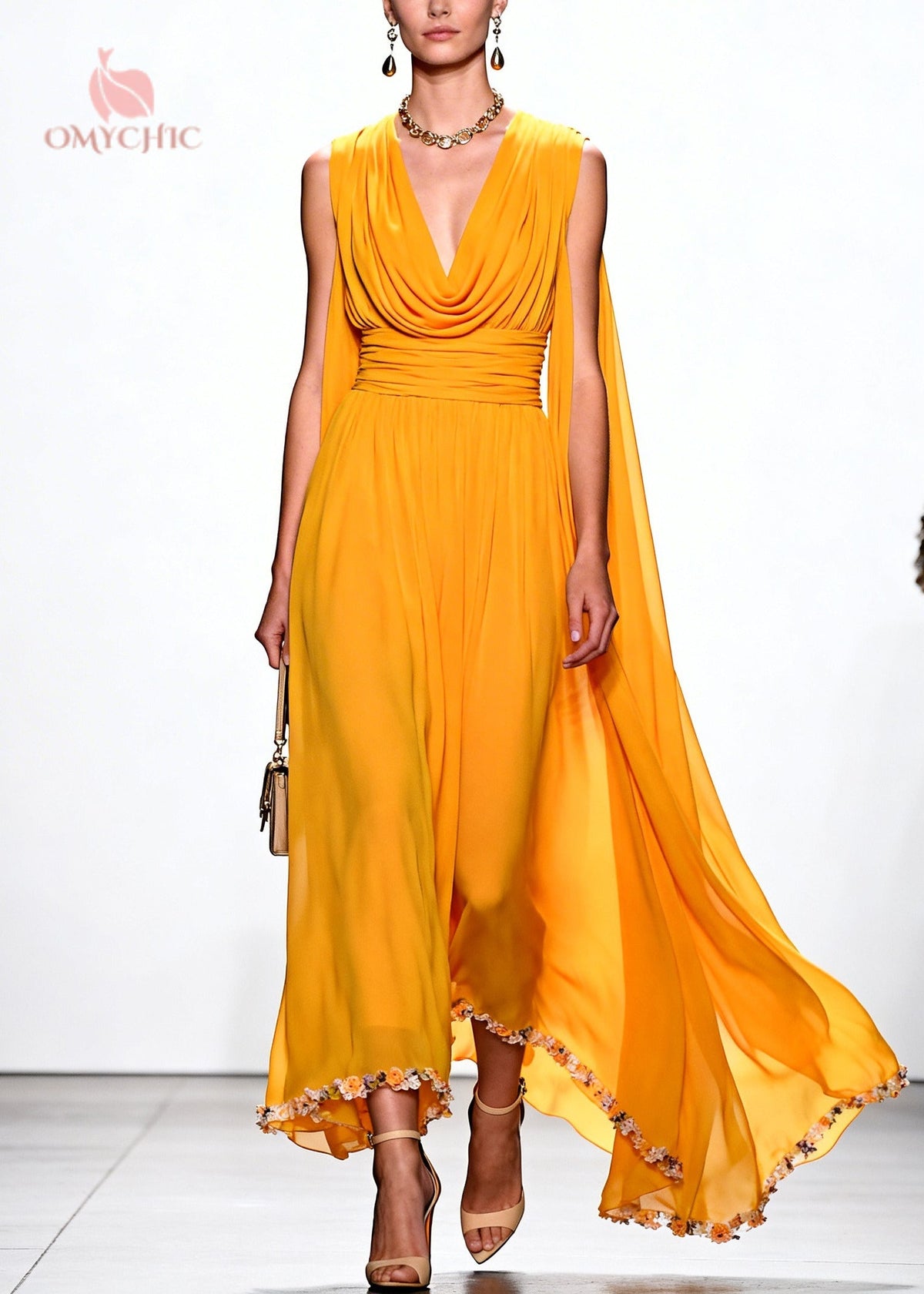 Cowl Neck Deep V-Neck Ruched Waist Shoulder Cape Floral Gown