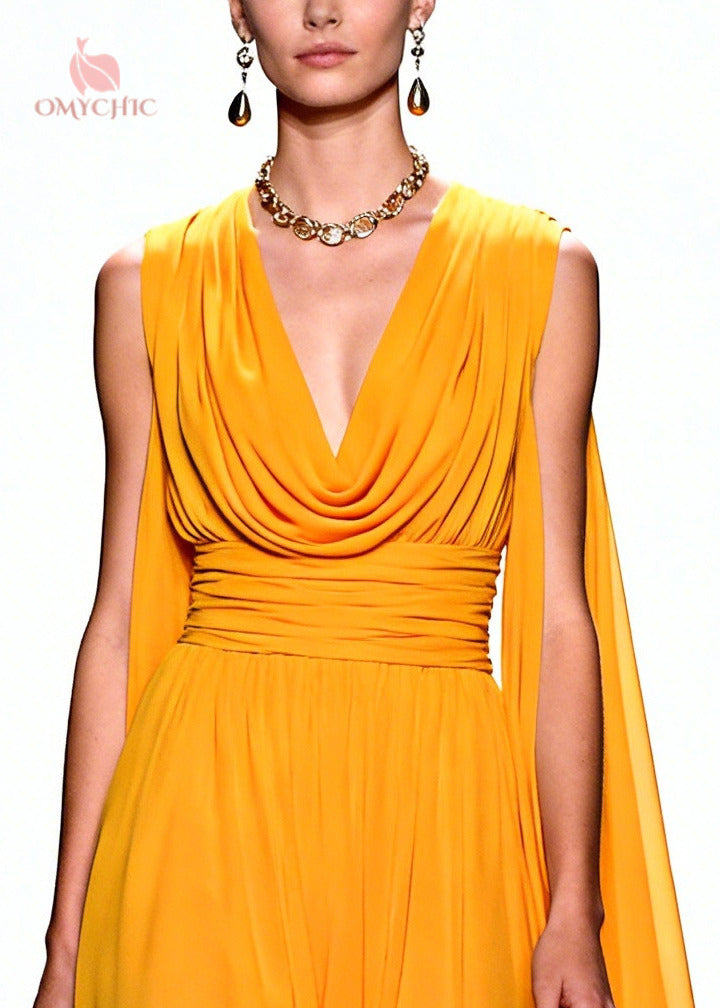 Cowl Neck Deep V-Neck Ruched Waist Shoulder Cape Floral Gown - View 2