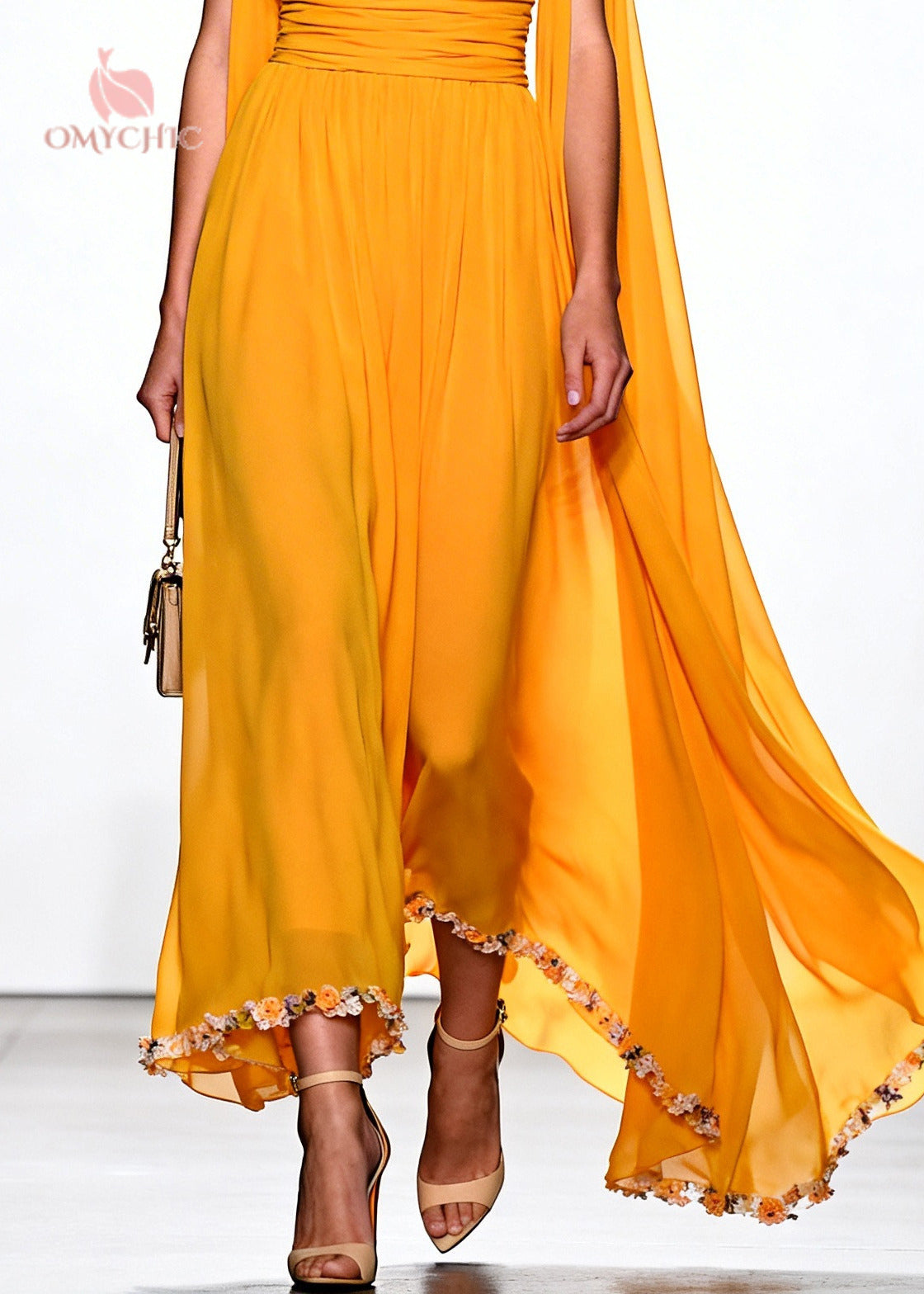 Cowl Neck Deep V-Neck Ruched Waist Shoulder Cape Floral Gown - View 4