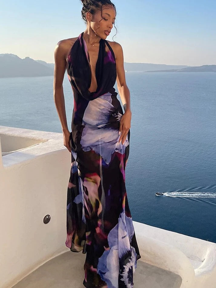 Floral Halter Deep V-Neck Backless Satin Maxi Dress - View 2