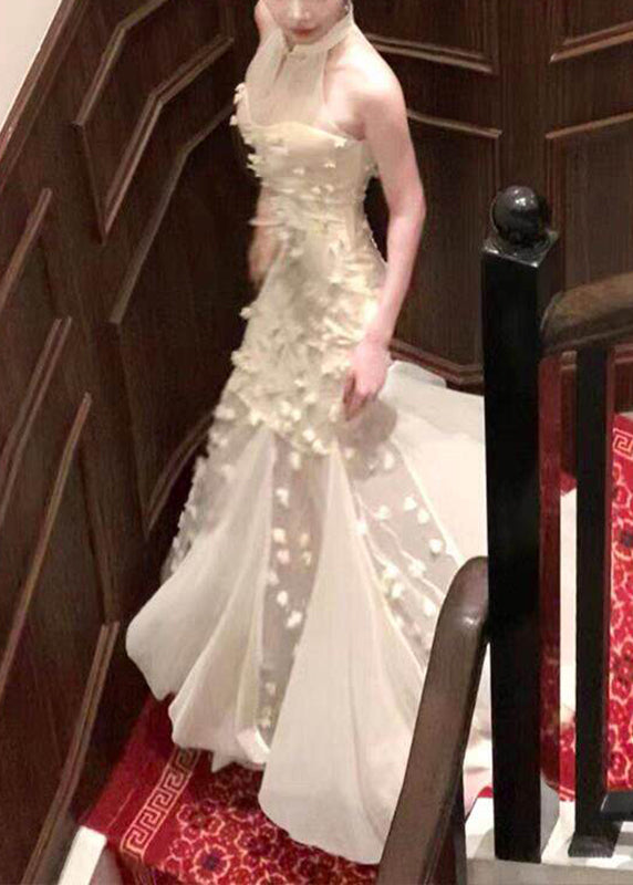 Halter Neck Floral Applique Tulle Mermaid Gown