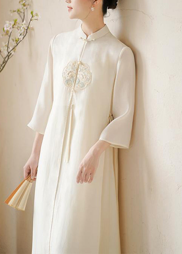 Mandarin Collar Frog Button Embroidered Tassel Side Maxi Dress - View 4