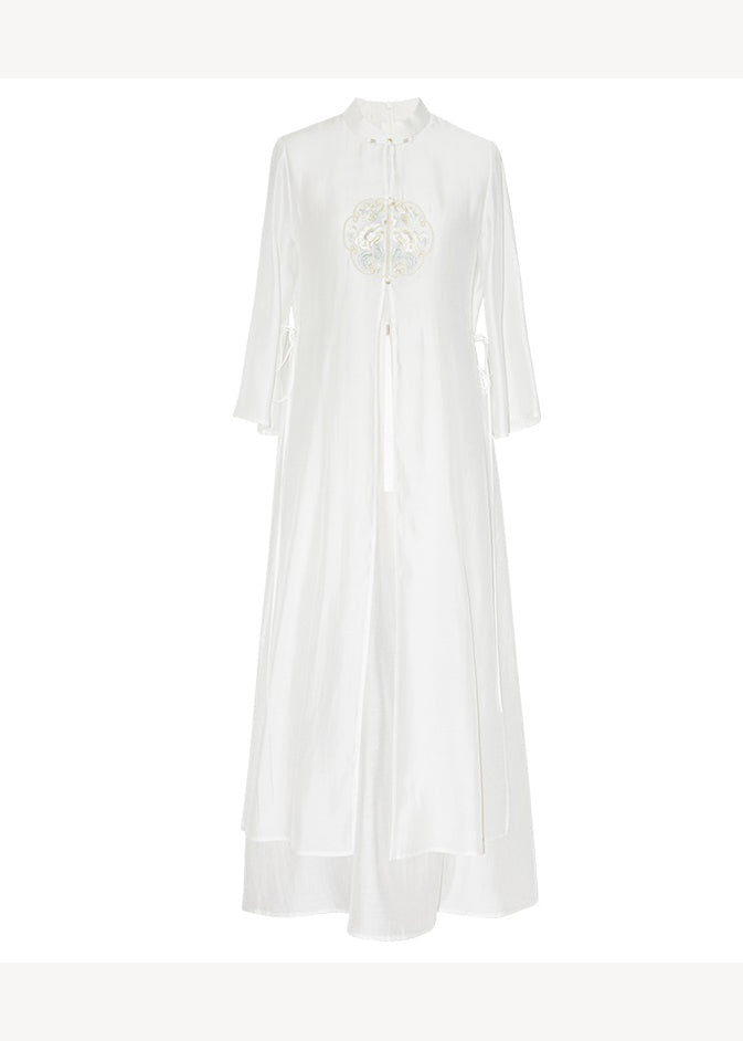 Mandarin Collar Frog Button Embroidered Tassel Side Maxi Dress - View 5