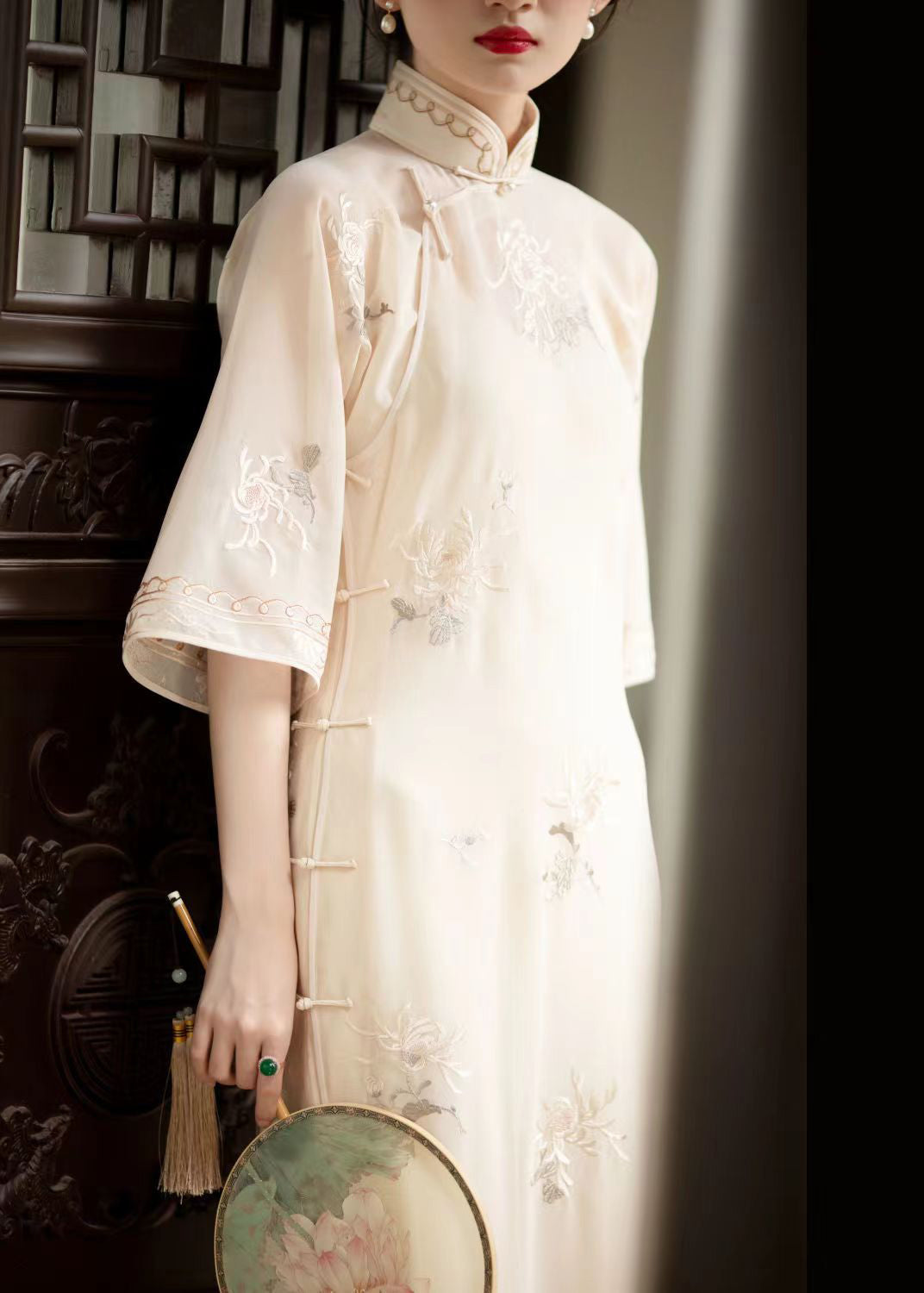 Embroidered Floral Mandarin Collar Bell Sleeve Sheer Midi Dress - View 2