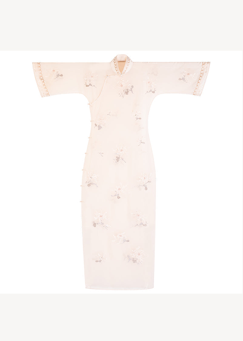Embroidered Floral Mandarin Collar Bell Sleeve Sheer Midi Dress - View 5
