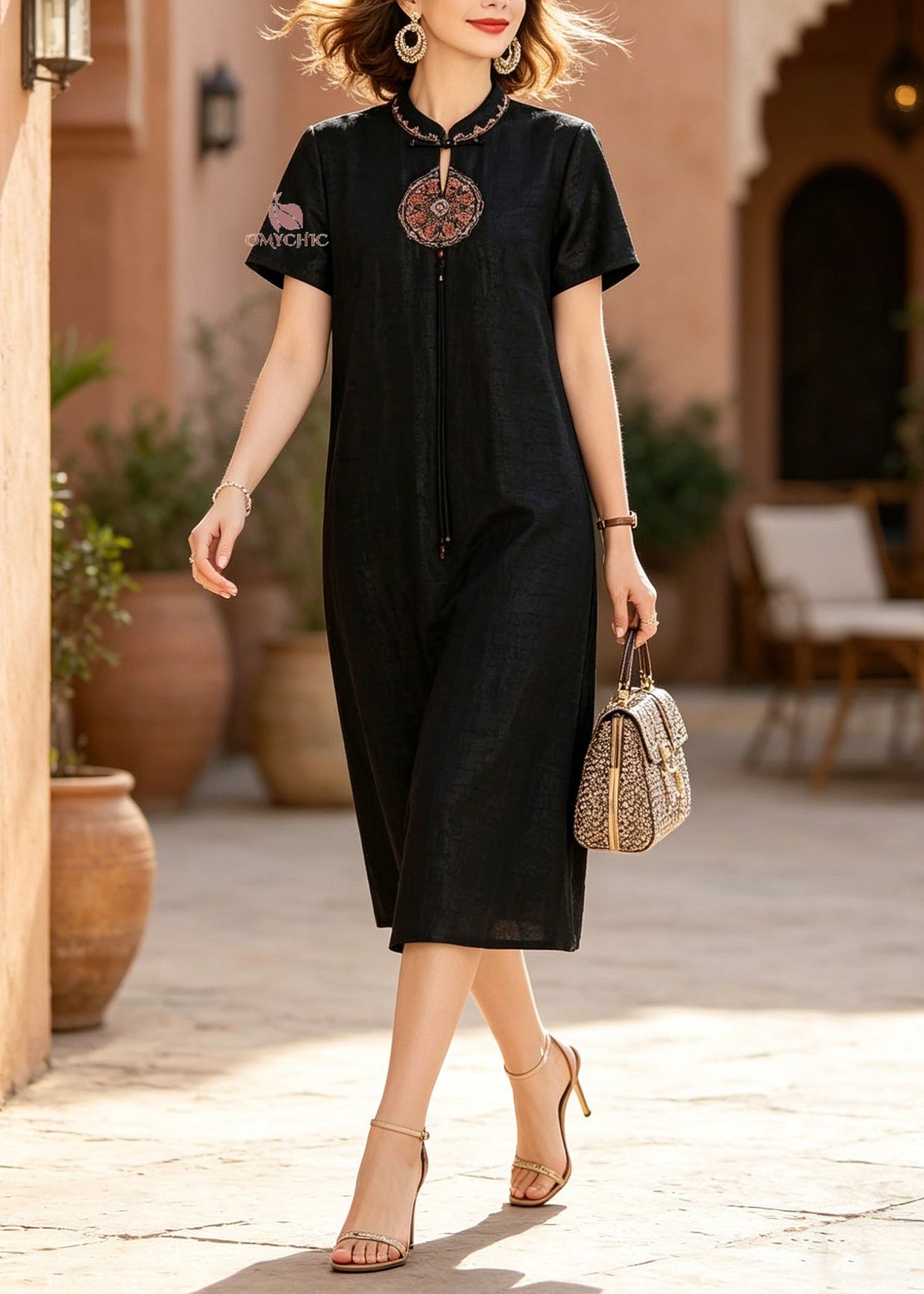 Embroidered Mandarin Collar Cut Out Medallion Shift Midi Dress