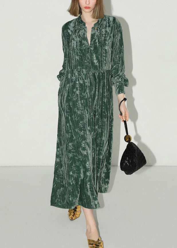 Velvet V-Neck Button Placket Mandarin Collar Maxi Dress - View 2