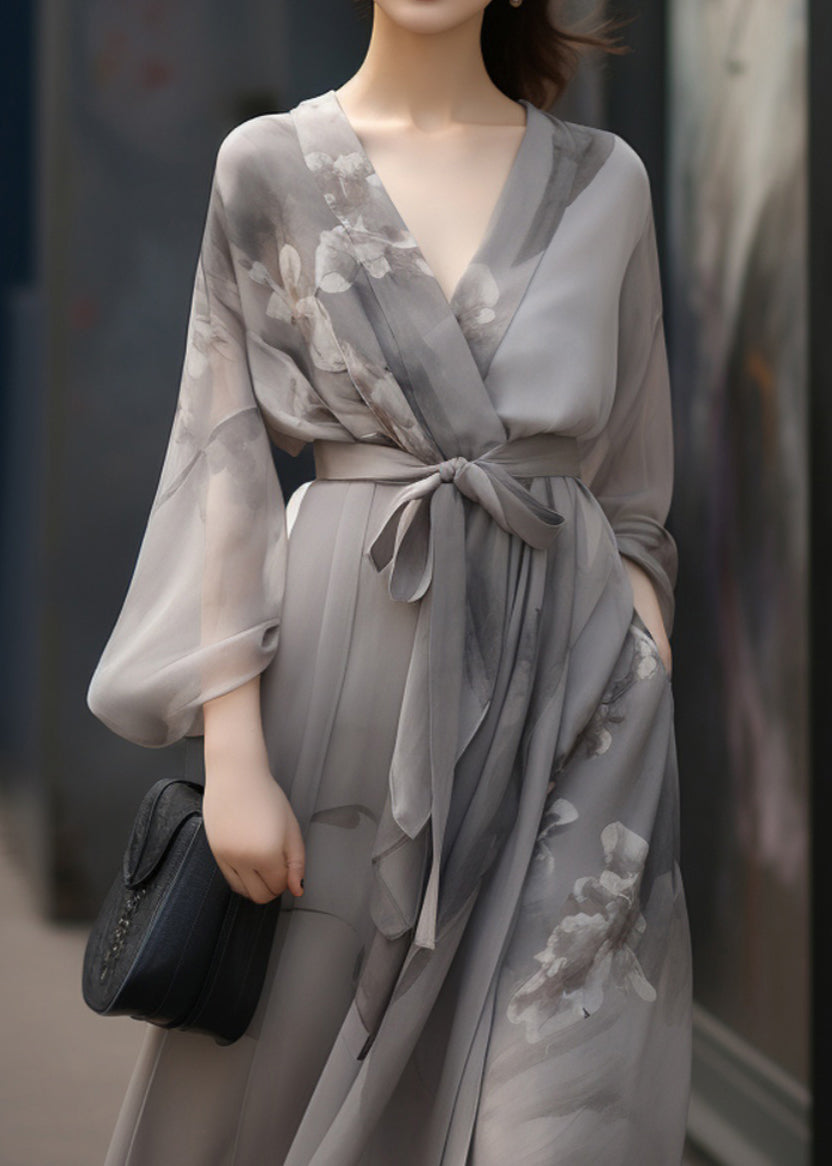 Floral Print Wrap Deep V-Neck Bishop Sleeve Tie Waist Maxi Dress - View 2