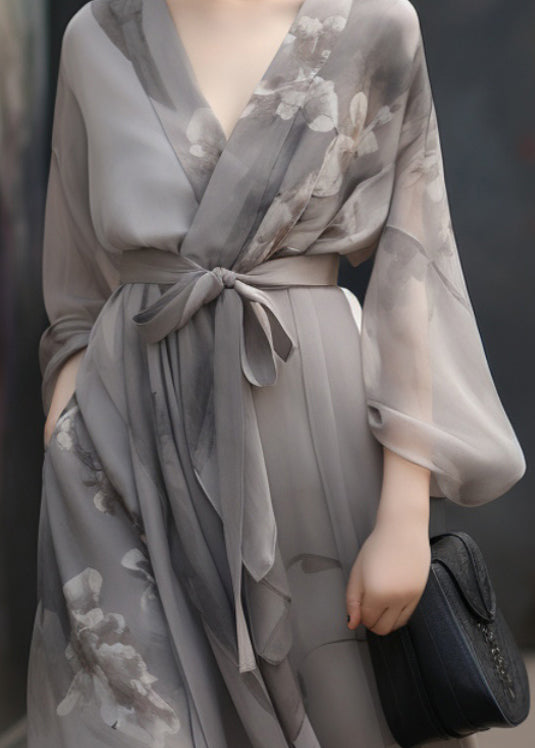 Floral Print Wrap Deep V-Neck Bishop Sleeve Tie Waist Maxi Dress - View 3