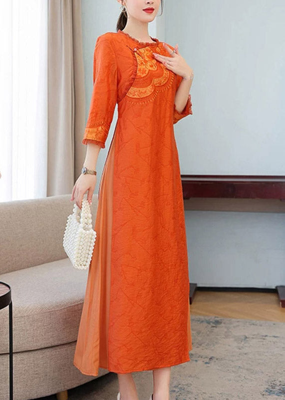 Embroidered Chest Patch Lace Trim Three Quarter Sleeve Maxi Dress - View 4