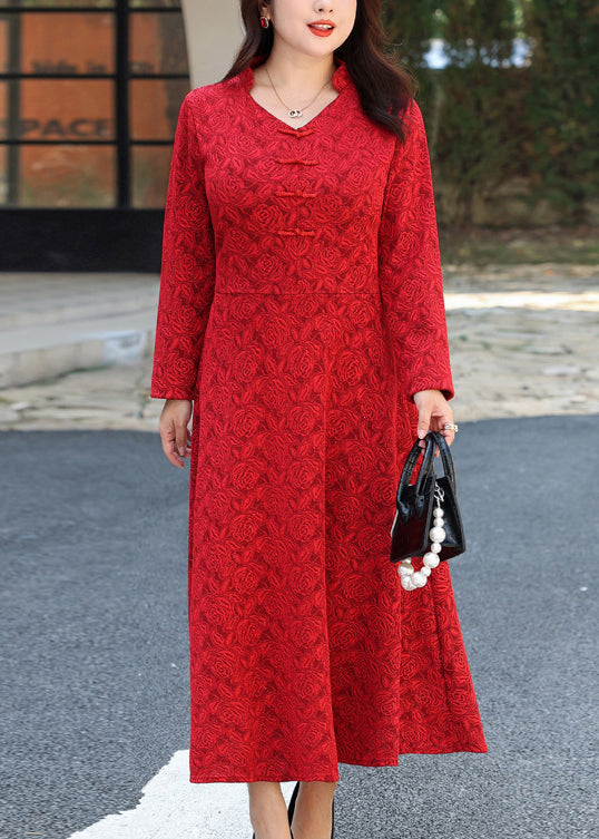 Rose Floral Jacquard Mandarin Collar V-Neck A-Line Maxi Dress - View 4