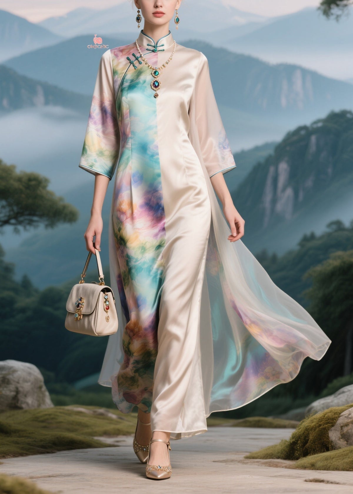 Mandarin Collar Frog Button Split Panel Floral Print Maxi Gown