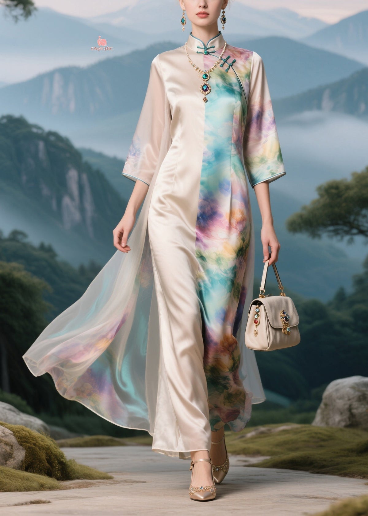 Mandarin Collar Frog Button Split Panel Floral Print Maxi Gown - View 3