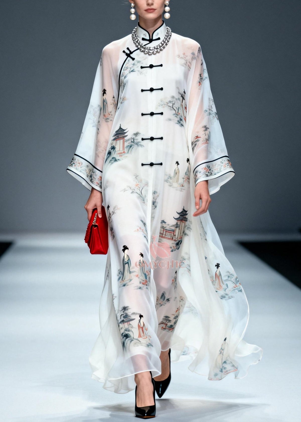 Landscape Print Mandarin Collar Frog Button Long Sleeve Maxi Gown
