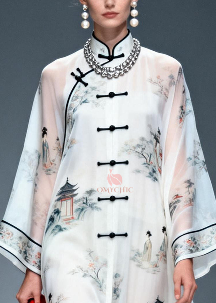 Landscape Print Mandarin Collar Frog Button Long Sleeve Maxi Gown - View 2