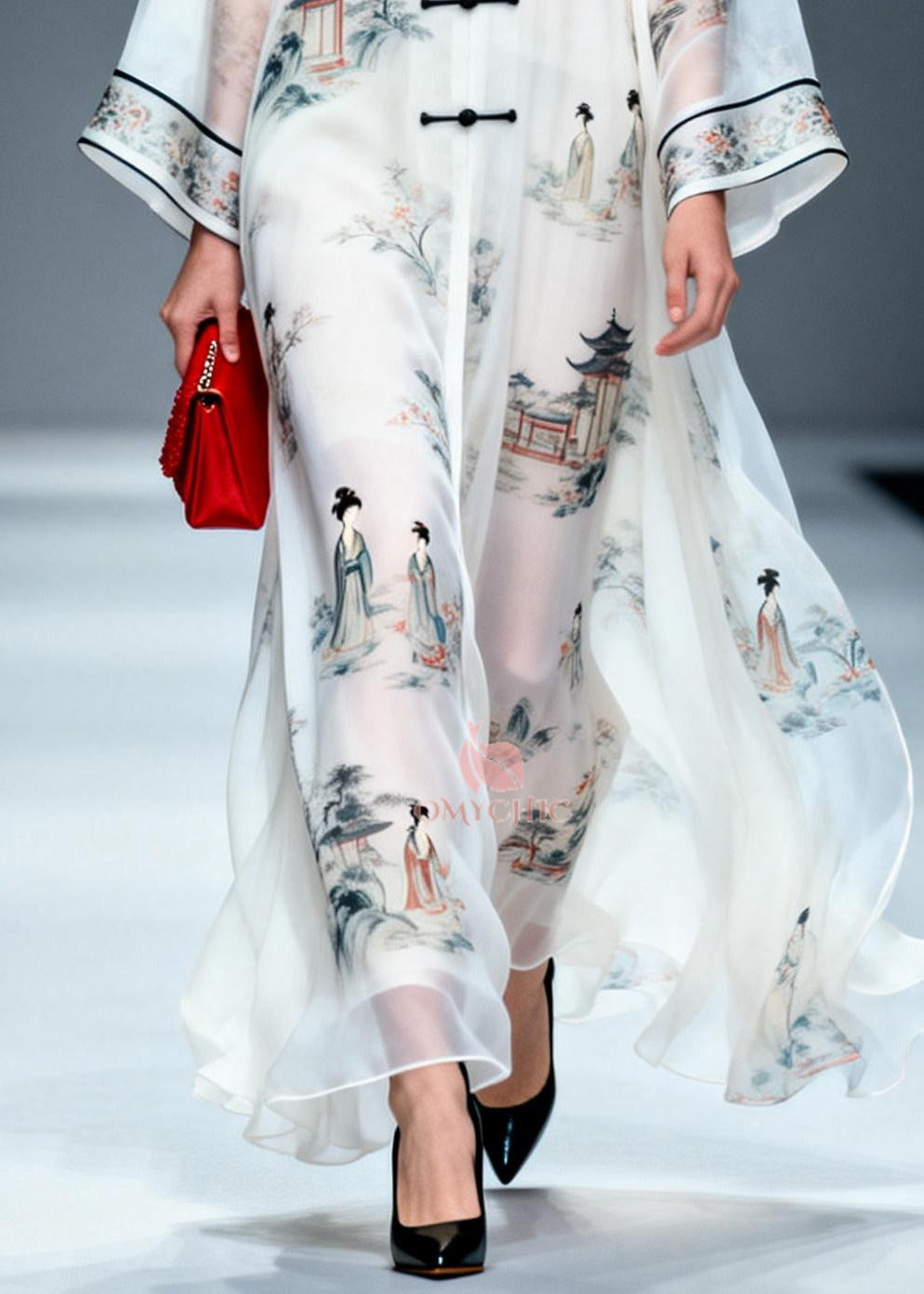 Landscape Print Mandarin Collar Frog Button Long Sleeve Maxi Gown - View 4
