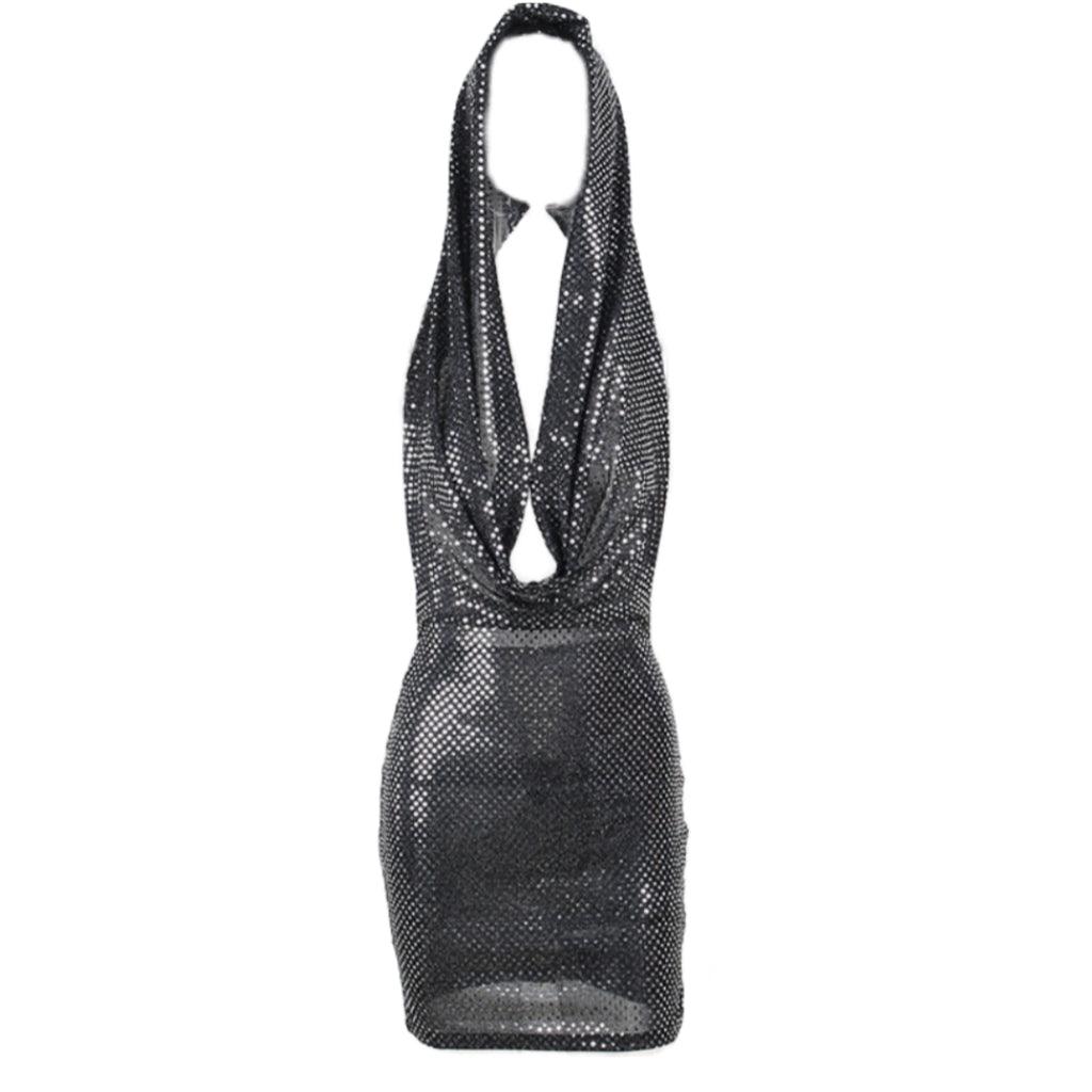 Sequin Hooded Deep V-Neck Cowl Neck Bodycon Mini Dress - View 7