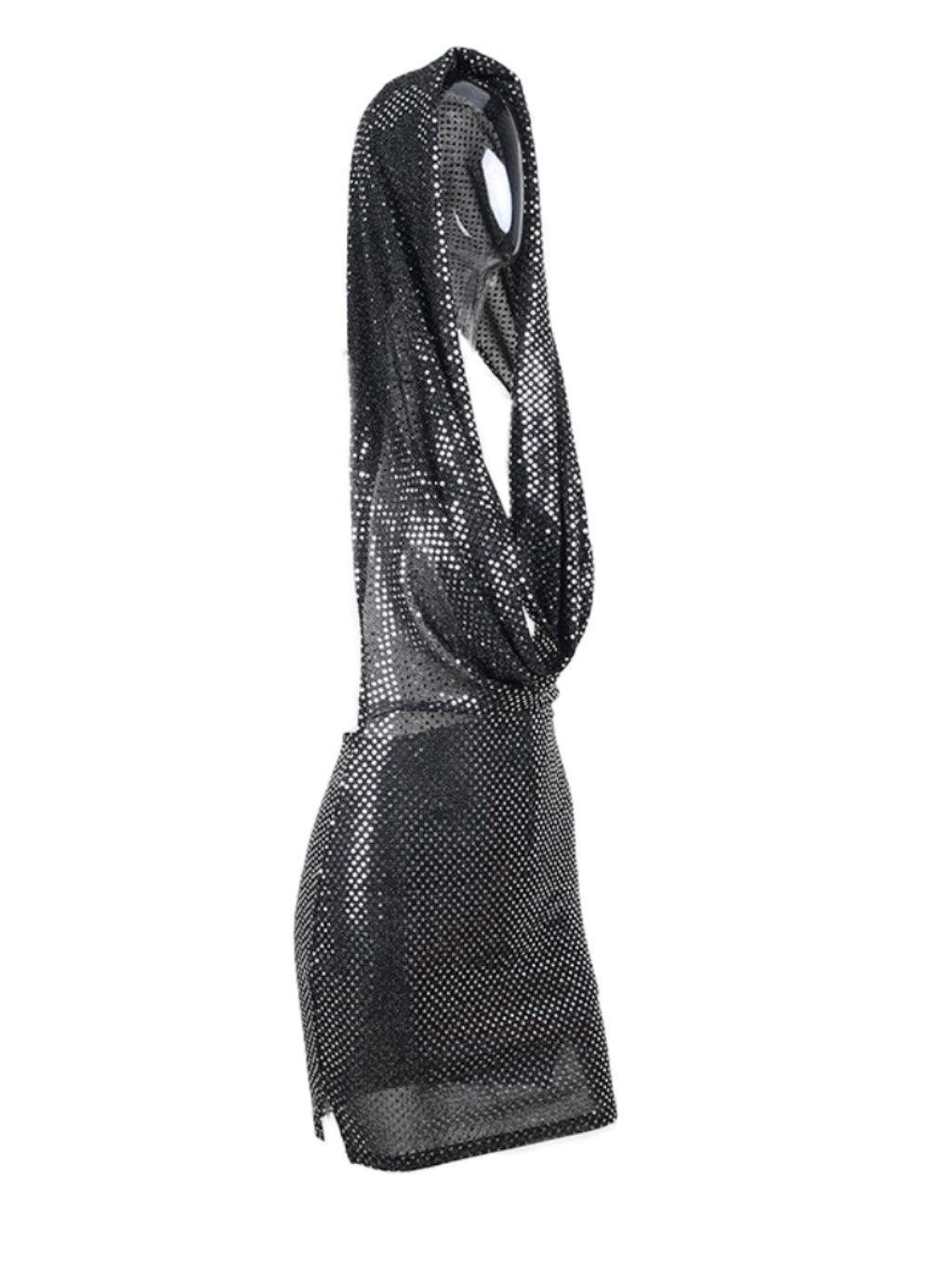 Sequin Hooded Deep V-Neck Cowl Neck Bodycon Mini Dress - View 8