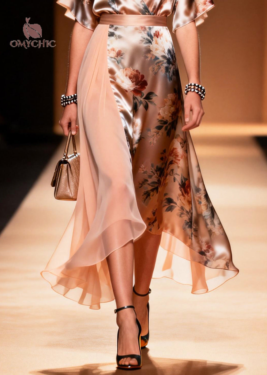 Floral Print Deep V-Neck Flutter Sleeve Satin Wrap Midi Dress - View 4