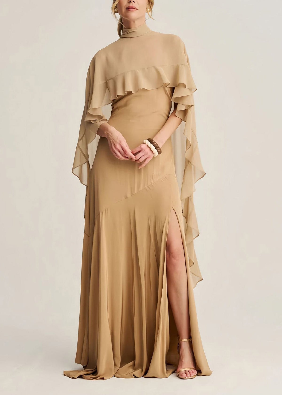 Classy Apricot High Neck Ruffled Chiffon Long Dresses Summer - View 2