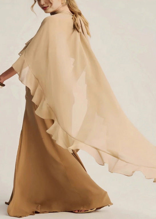 Classy Apricot High Neck Ruffled Chiffon Long Dresses Summer - View 5