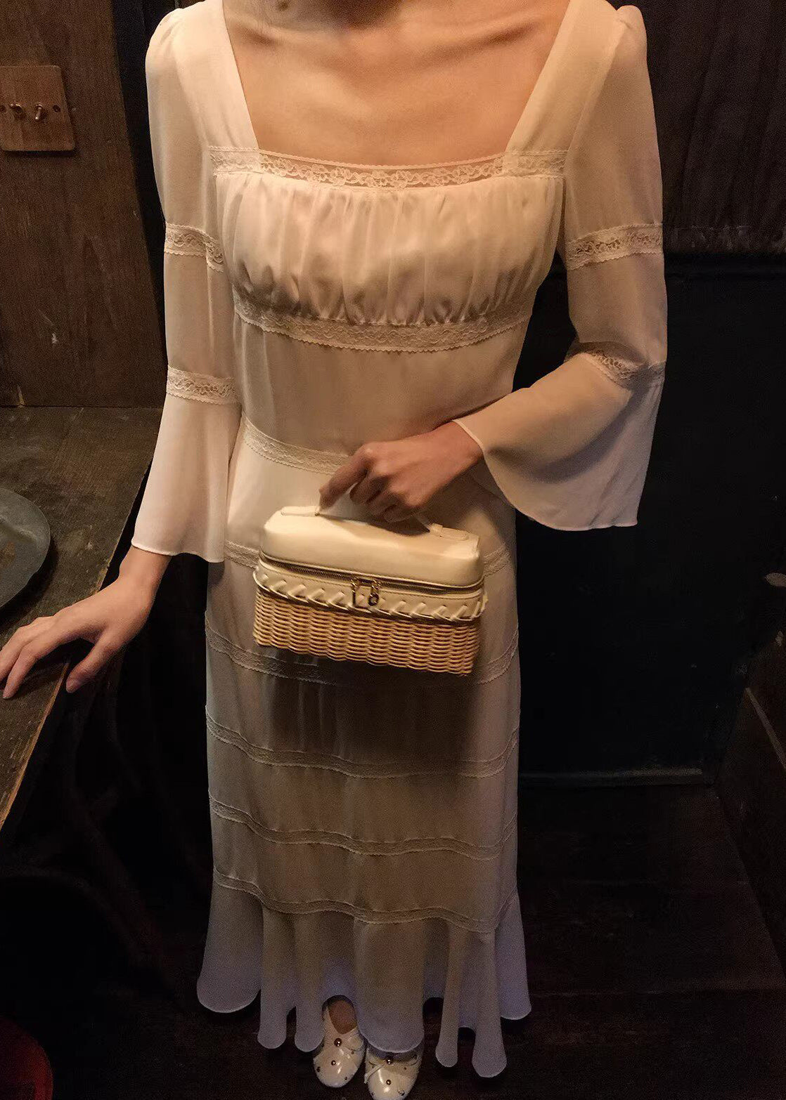 Square Neck Bell Sleeve Lace Trim Tiered Maxi Dress - View 2