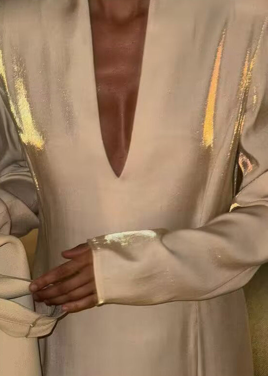 Metallic Satin Deep V-Neck Padded Shoulder Long Sleeve Maxi Gown - View 2