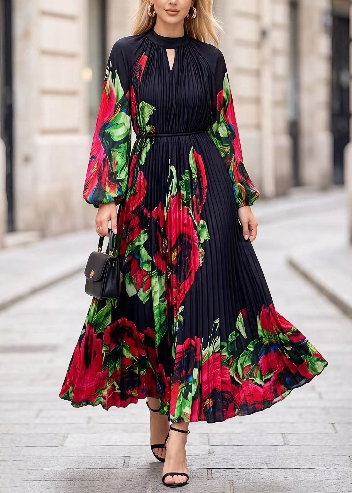 Floral Print Accordion Pleat Mock Neck Keyhole Maxi Dress - View 3