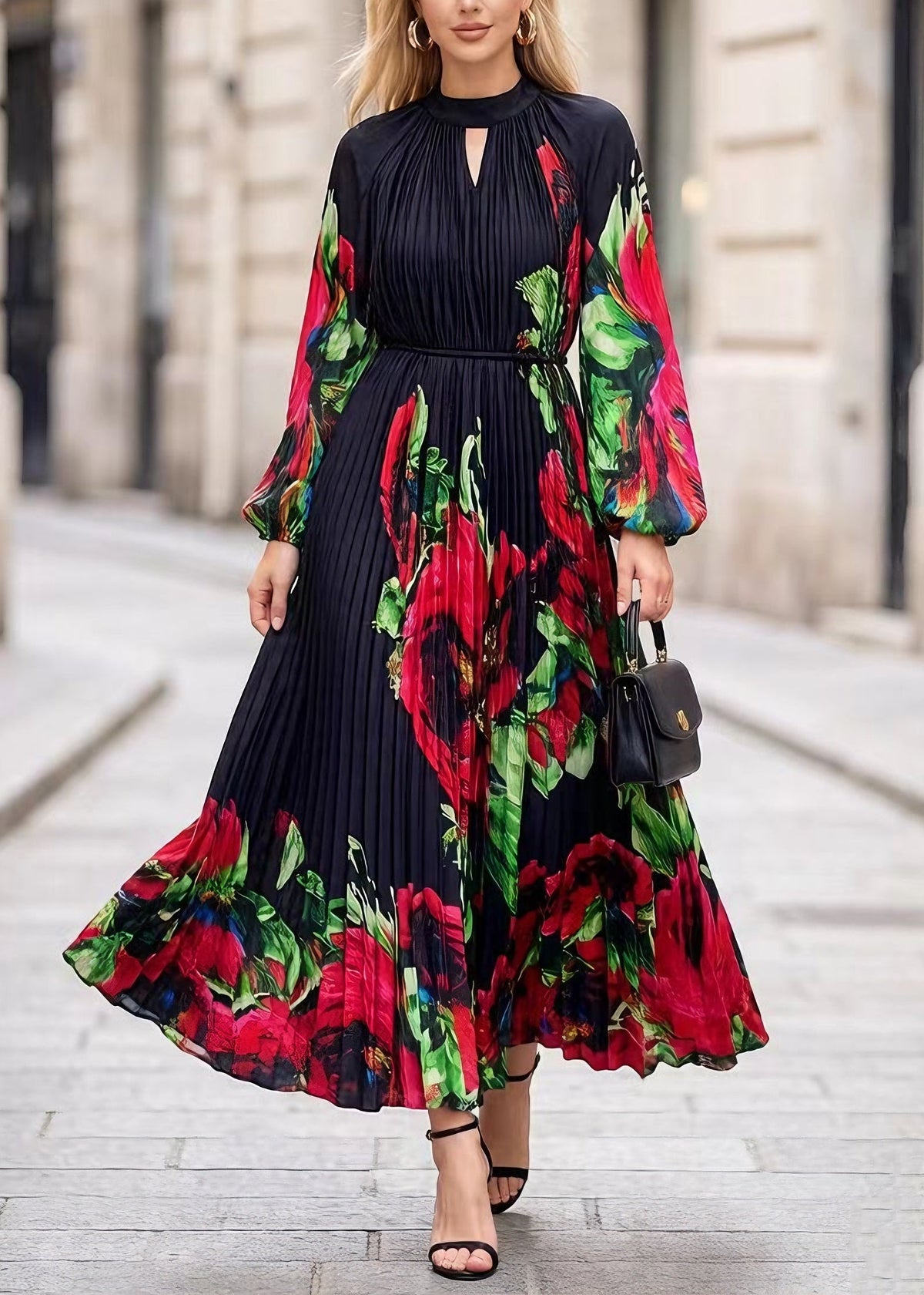 Floral Print Accordion Pleat Mock Neck Keyhole Maxi Dress - View 5