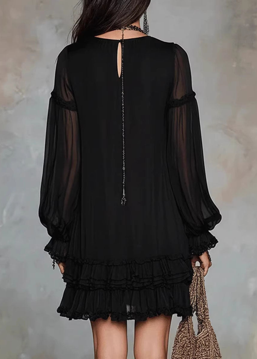 Classy Black V Neck Ruffled Patchwork Chiffon Dresses Fall - View 2