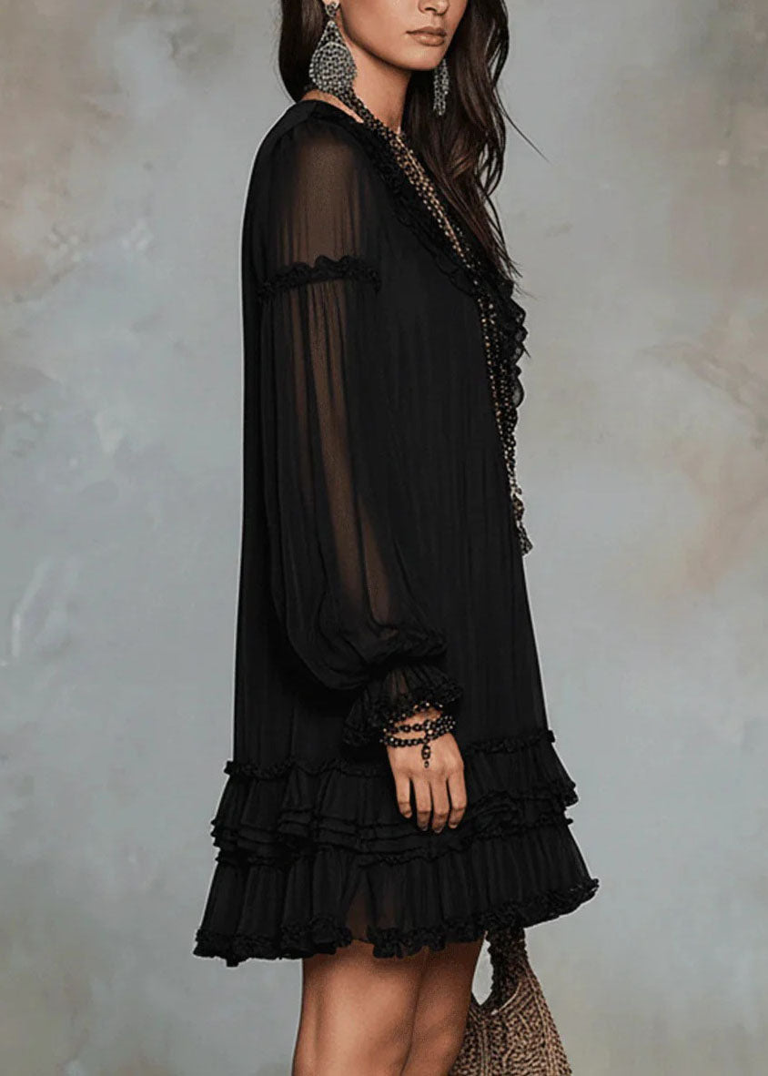 Classy Black V Neck Ruffled Patchwork Chiffon Dresses Fall - View 3