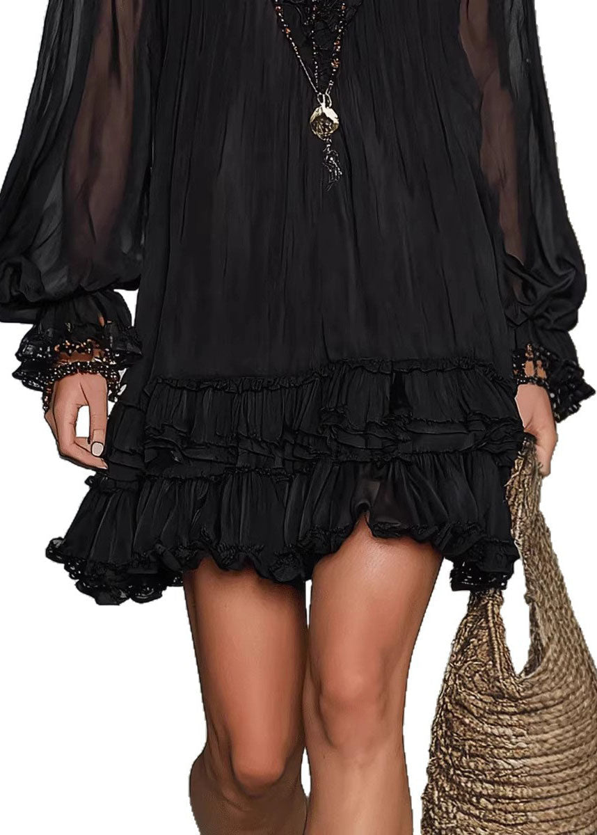 Classy Black V Neck Ruffled Patchwork Chiffon Dresses Fall - View 5