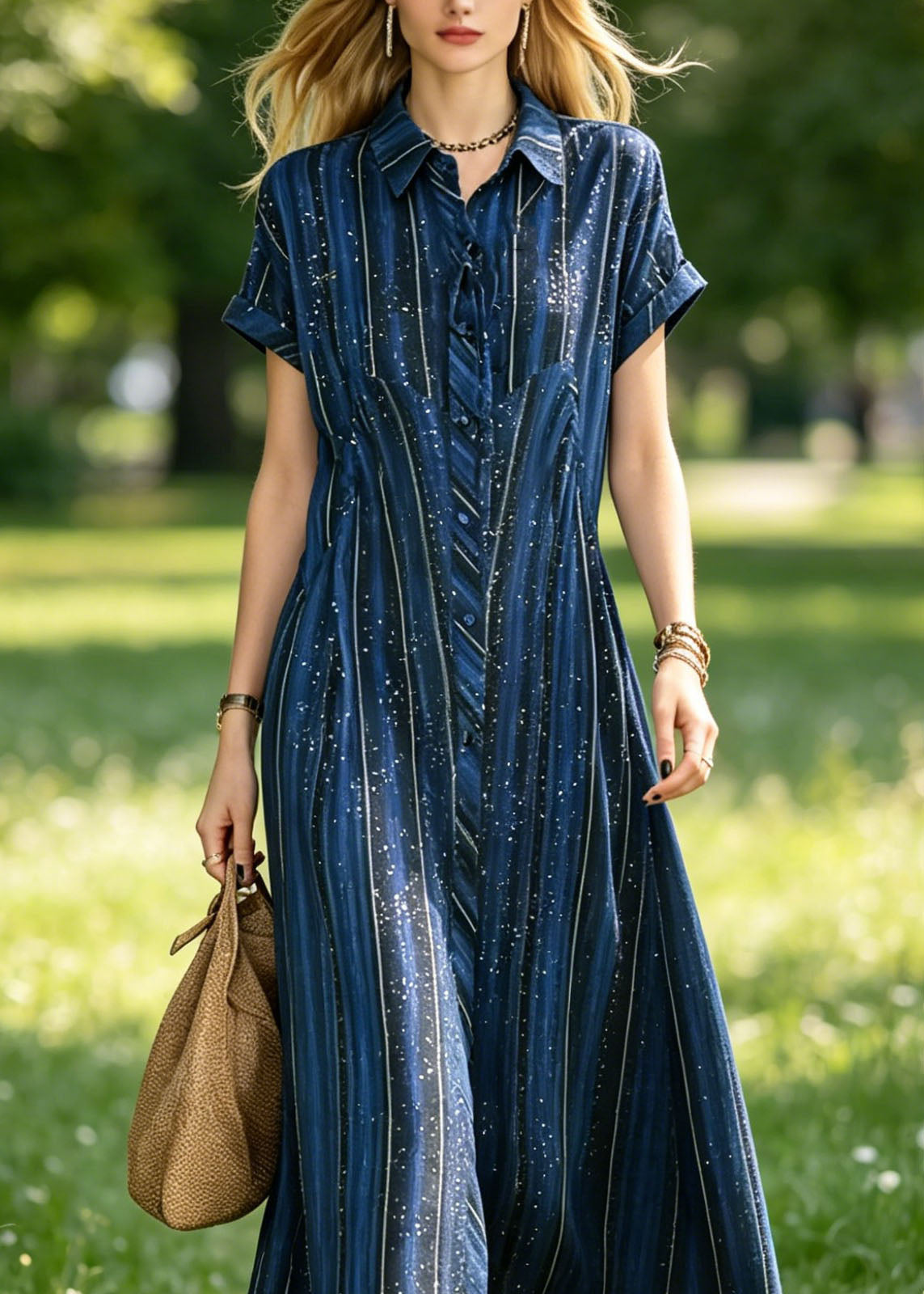 Striped Speckle Print Peter Pan Collar Shirt Maxi Dress - View 2