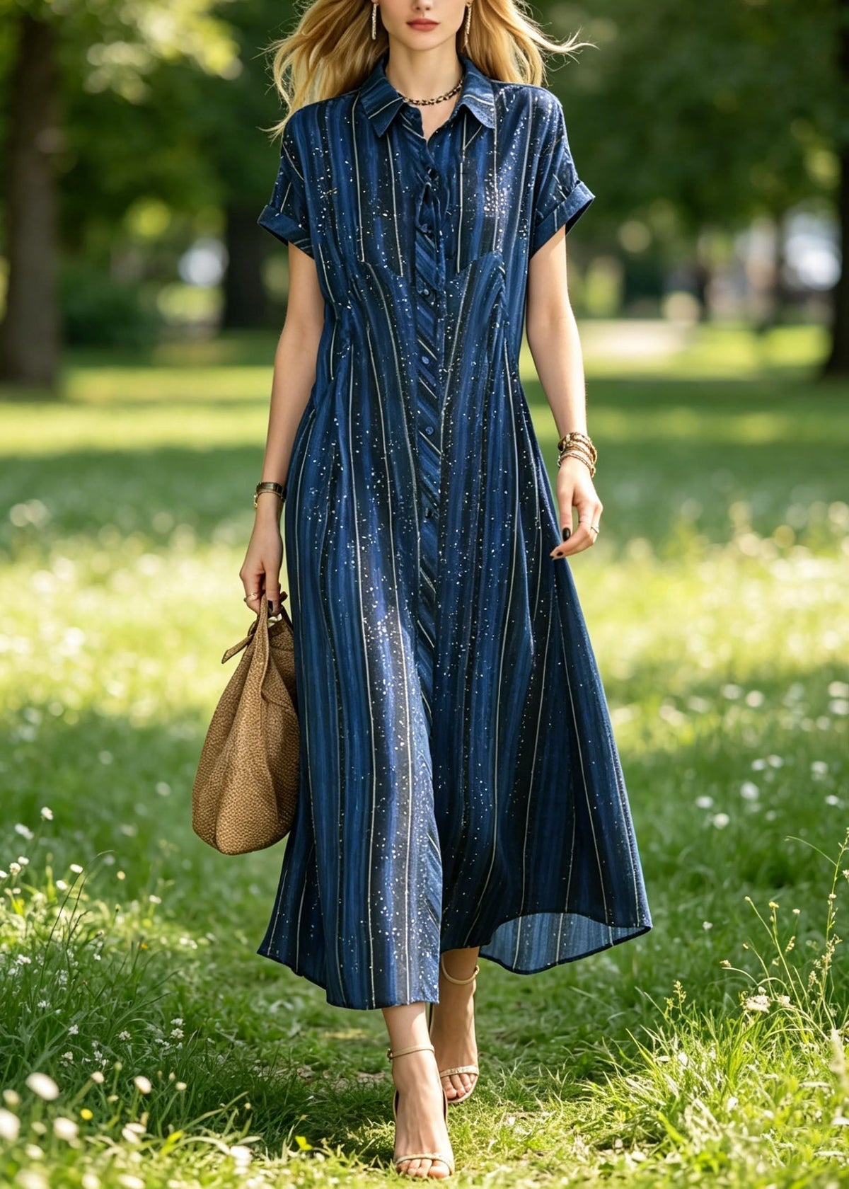 Striped Speckle Print Peter Pan Collar Shirt Maxi Dress - View 5