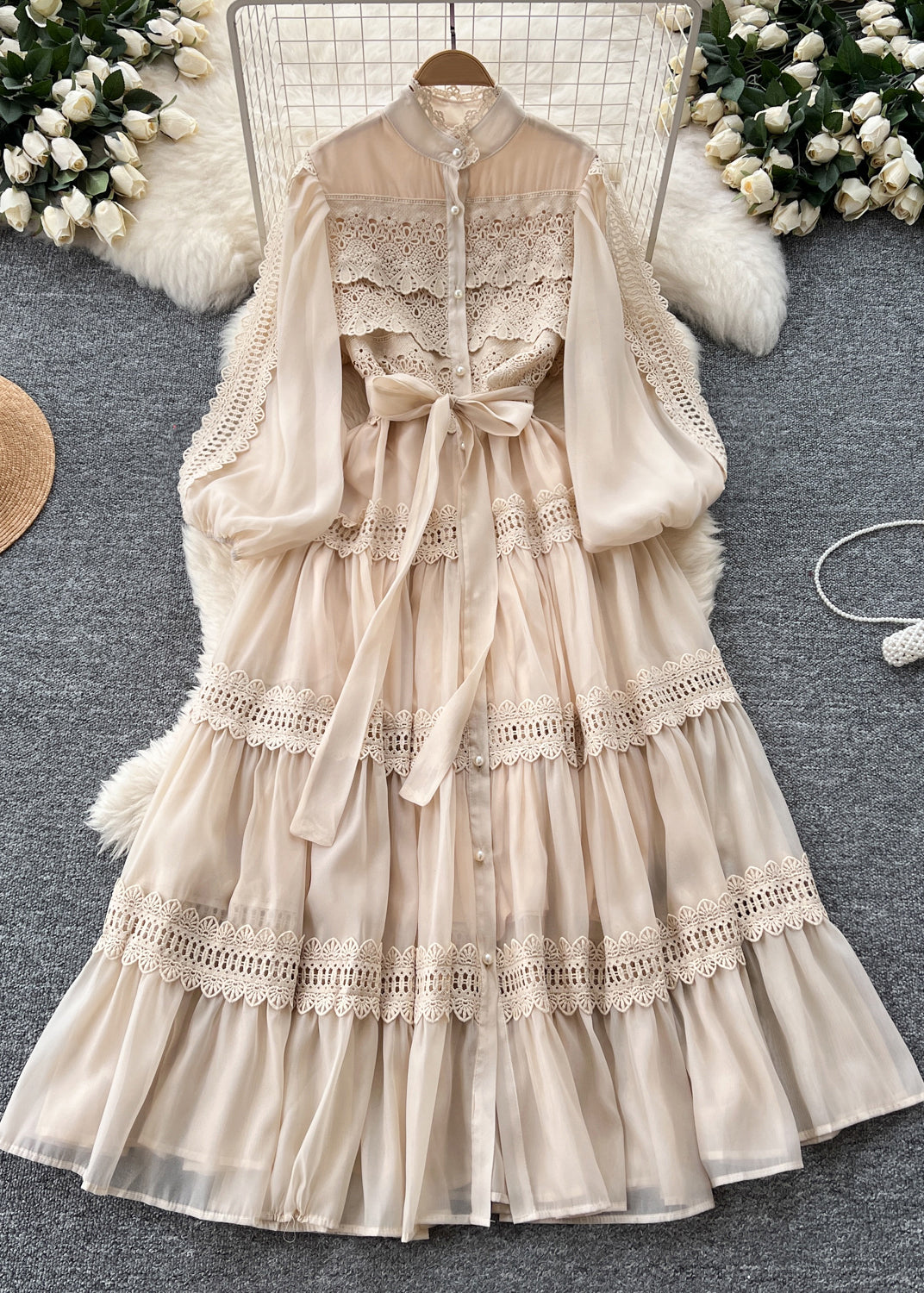 Chiffon Mock Neck Button Down Puff Sleeve Lace Tiered Maxi Dress