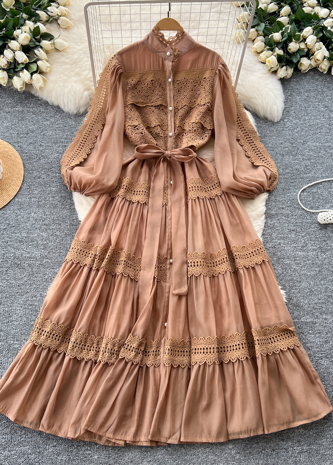 Chiffon Mock Neck Button Down Puff Sleeve Lace Tiered Maxi Dress - View 2