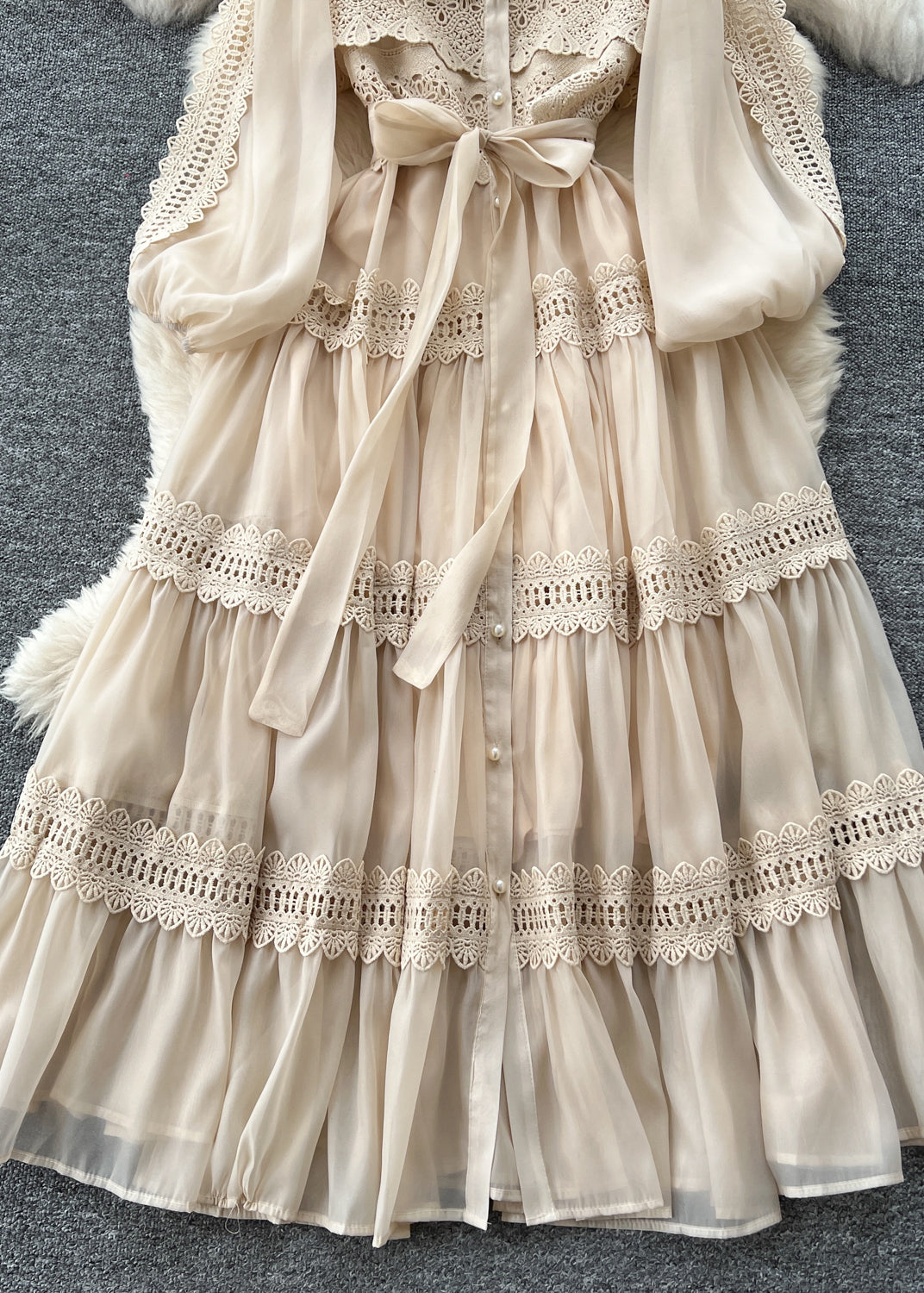 Chiffon Mock Neck Button Down Puff Sleeve Lace Tiered Maxi Dress - View 5
