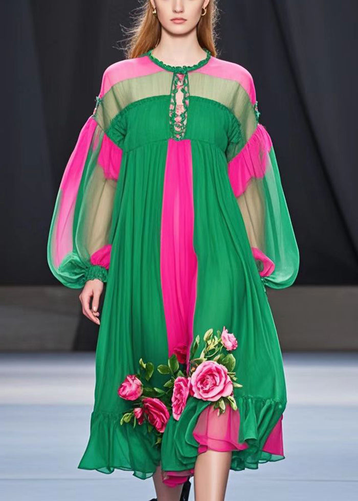 Colorblock Keyhole Lace Up Lantern Sleeve Floral Applique Midi Dress