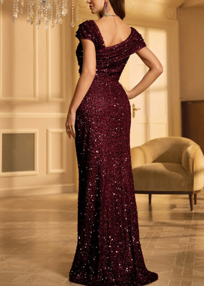 Sequin One Shoulder Cold Shoulder Ruched Waist Mermaid Maxi Gown - View 5